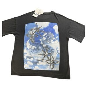 Zara Black Tee with Blue Cloud and Silver Star Design